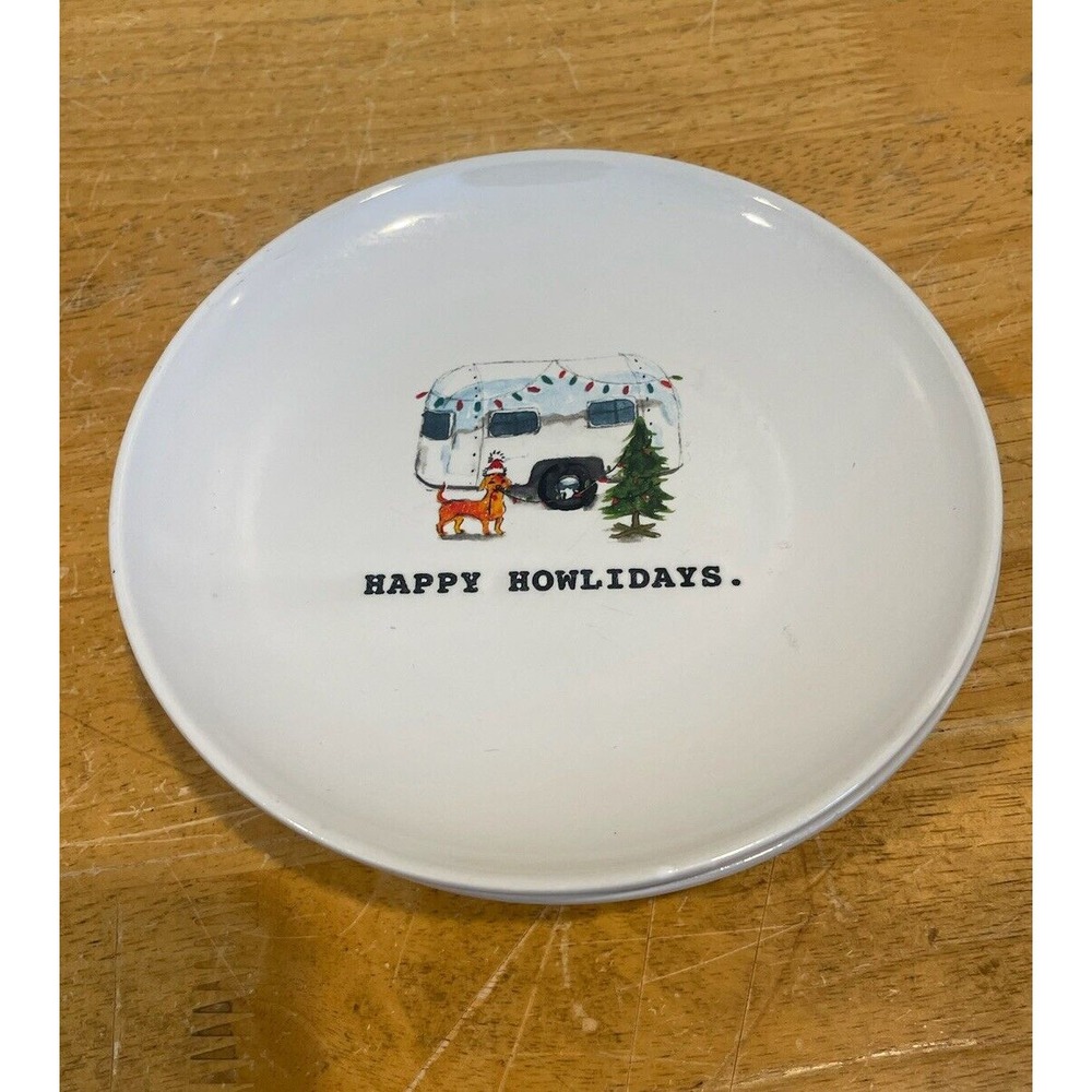 (3) Rae Dunn Magenta Christmas Happy Howlidays Dog Trailer‎ 6" Dessert Plates